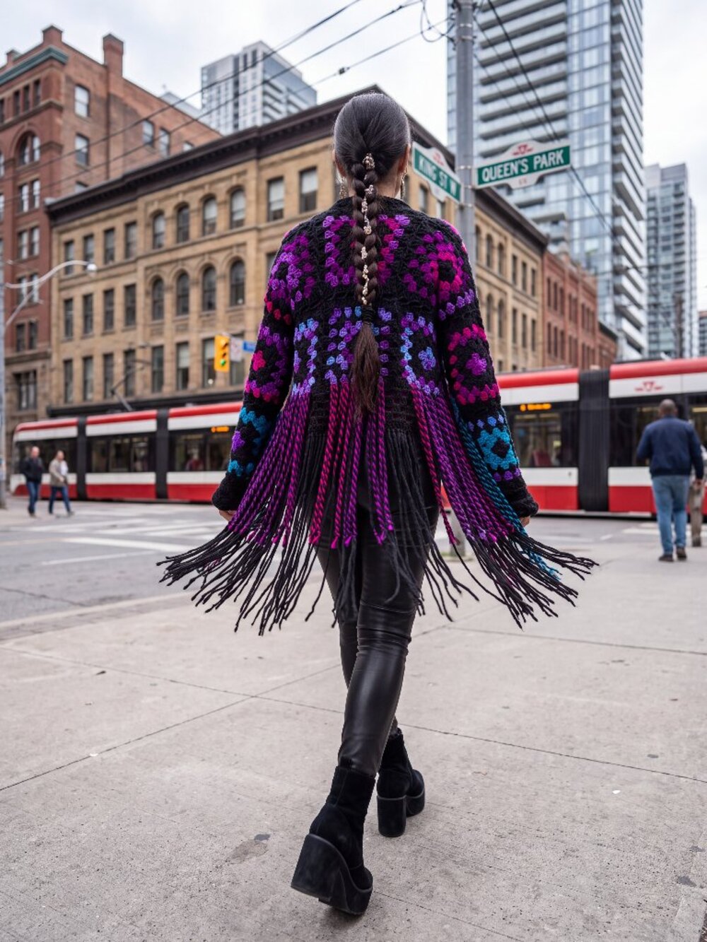 Boho Black Colorful Granny Square Super Fringe Sweater Large